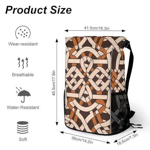 Waterproof Drawstring Gym Backpack with Shoe Compartment & Wet-Proof Pocket - Lightweight 28L Brown Geometric Pattern Sports Backpack Travel Workout String Bag for Yoga Swim2