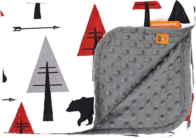 Image of Dear Baby Gear Bears Deluxe Baby Blanket - Double Layer, Milestone & Newborn Gifts for Girls and Boys - Red, Black Bears, Geometric Trees, Arrows, Tent with Gray Dot - 40 inch x 30 inch