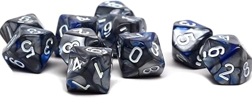Miniatura 2 de Paquete de diez dados D10  Colección a juego de 10 dados poliédricos de plástico de 10 caras (granito azul y plateado)