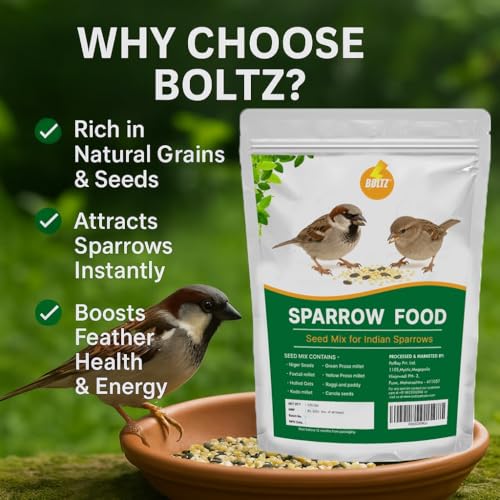 Image of Boltz Premium Sparrow Food 1 Kg, Natural Mix of Seeds & Grains, Daily Nutrition for House Sparrows & Wild Birds, Rich in Protein, Fiber & Vitamins, Clean, Fresh & Easy to Digest (1kg)