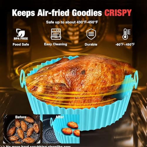Image of Air Fryer Package - 6 Pack Air Fryer Liners & Accessories - 8.5 inch (5-9 Qt) Food Grade BPA-Free Reusable Silicone Baskets /Pots /Liners 9 Inch Tongs (RD PO2 with Tongs)