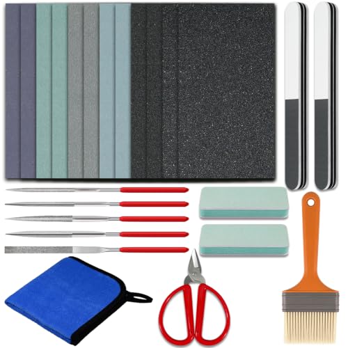 Sakolla 24 Pcs Resin Casting Tools Set - Include Sand Papers, Polishing Blocks, Polishing Cloth, Round File, Semicircular File, Flat File and Scissors for Polishing Epoxy Resin Jewelry Making Supplies
