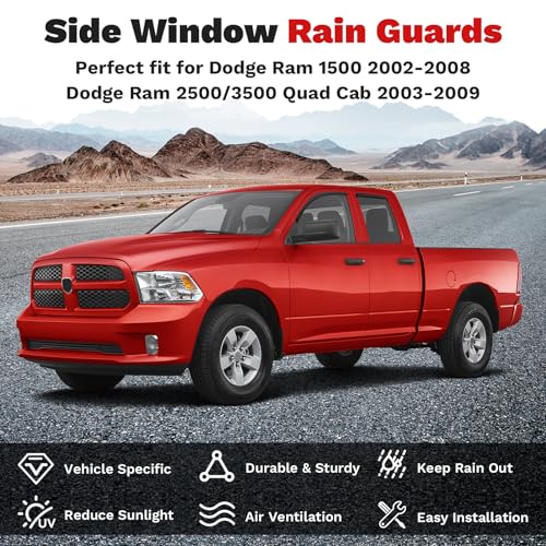 Image of Canvcle Ram Rain Guards - Window Visors for 2002-2008 Dodge Ram 1500 /03-09 Ram 2500 /3500 Quad Cab,Outside-Mount Tape-On Side Window Wind Deflectors for Ram Accessories,Vent Visors Shades