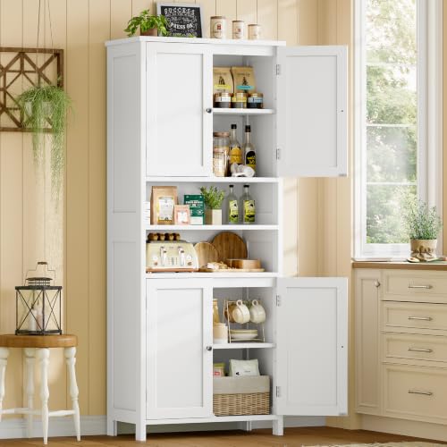 Image of TEENFON 66.9 inch H Tall Bathroom Storage Cabinet with 4 Doors & 2 Open Shelves | Bathroom Cabinet with Adjustable Shelves, Large Capacity Cabinet for Kitchen, Living Room, Entryway, Laundry & Pantry, White