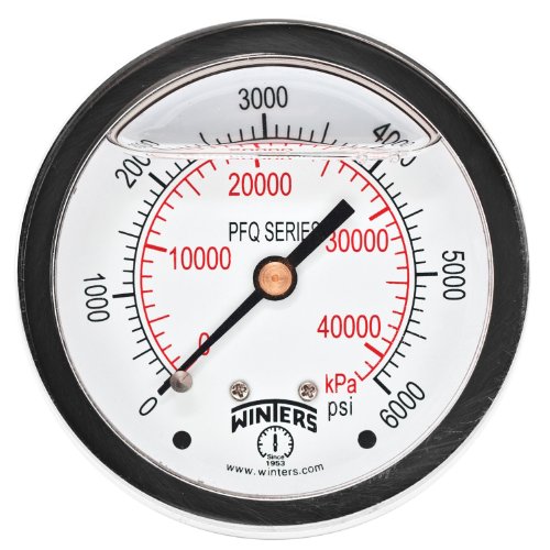 Image of Winters 2-1 /2 inch Dial Size, Liquid Filled Industrial Pressure Gauge, Brass Internals, Stainless Steel Case, Dual Scale 0-6,000 psi /kPa, 1.5% Acc, 1 /4 inch NPT Back Mount, Glycerin Filled Pressure Gauge
