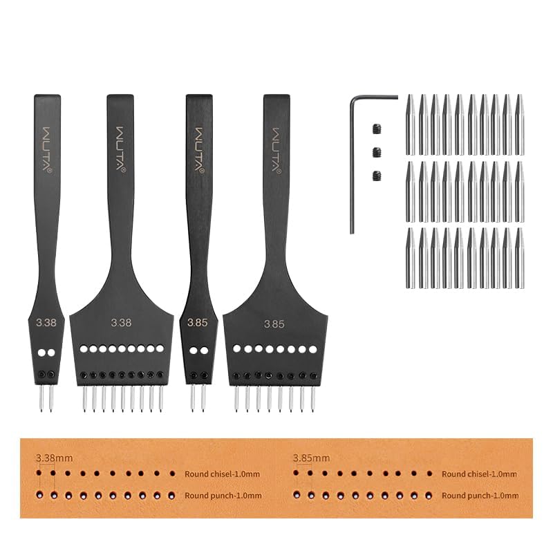 WUTA 3rd Gen Professional Leather Punch Tools, Removable Lacing Stitching Chisel Round Hole Kit for Leather Craft, DIY Belts, Bags, Wallets & Saddlery-3.38mm(2+9)+3.85mm(2+8) Hole