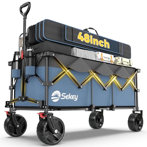 Sekey 48''L Collapsible Foldable Extended Wagon with 660lbs Weight Capacity, Heavy Duty 300L Folding Utility Garden Cart with Big All-Terrain Beach Wheels & Drink Holders. Blue&Grey