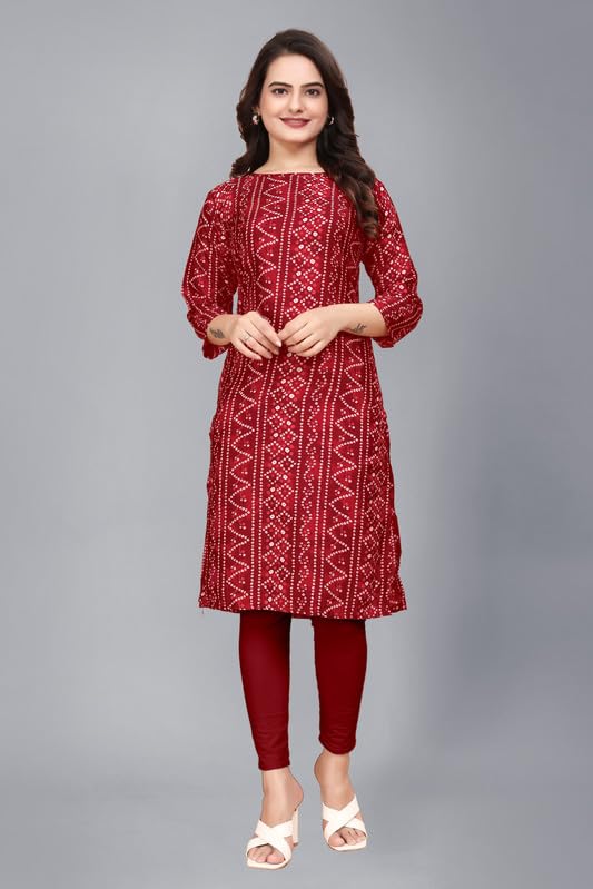 Image of Womens Crepe Kurti | Straight Fit | Knee-Length | Crew Neck | 3 /4 Sleeves | Casual & Office Wear