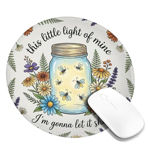 Mason Jar - Alfombrilla de mouse pequeña, diseño de flores de luciérnagas de verano, amarillo, redondo, de goma, suave, ideal para el hogar, oficina, escritorio, laptop, jugadores, regalo, redondo, 8