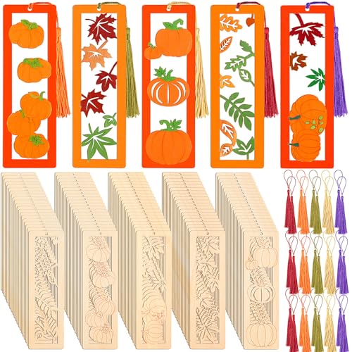 Yexiya 200 Pcs Fall DIY Wood Bookmarks Kit Thanksgiving Unfinished Color Your Own Hollow with Tassel 100 Set Autumn School Art Craft Turkey Pumpkins Supplies for Students Classroom Reward Fillers