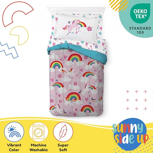 Image of Sunny Side Up Rainbow Unicorns Twin Comforter Set - 5 Piece Kids Bedding Includes Comforter, Sheets & Pillow Cover - Super Soft Pink Floral Microfiber Bed Set