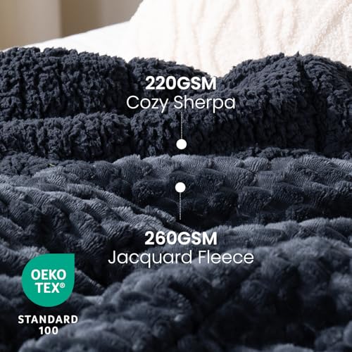 Image of Drewin Weighted Blanket Queen Size 20lbs, Soft Cozy Jacquard Sherpa Weighted Blanket for Adults, 60 x 80 inches Bed Blanket for Sleeping, Cozy Fluffy Knitted Heavy Blanket, Grey Blue