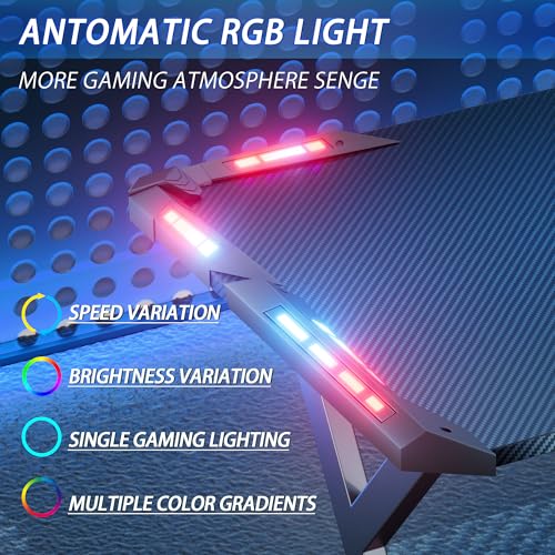 HLDIRECT Gaming Desk with LED Lights, Home Office Gamer Desk, Ergonomic Computer Table with Large Carbon Fiber Desktop, 47 INCH Office Workstation with Mouse Pad, Cup Holder & Headphone Hook, Black - Image 6