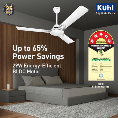 Image of KUHL Brise Star E3-DUO 1200mm BEE 5-Star BLDC Ceiling Fan | 29W Energy Saving (Up to 65%) | High Airflow & Low Noise | Remote as well as Regulator Operated | 5 Year Motor Warranty | ISI Marked (White)