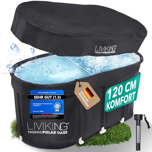 LIVIKING® Eisbad + Faltbare Badewanne Erwachsene [120 cm - 2in1 KOMFORT KOMPLETTSET] Eisbaden Tonne, Mobile Badewanne Outdoor & Eistonne – Jetzt Eintauchen! (ThermoPolar Oase, schwarz)