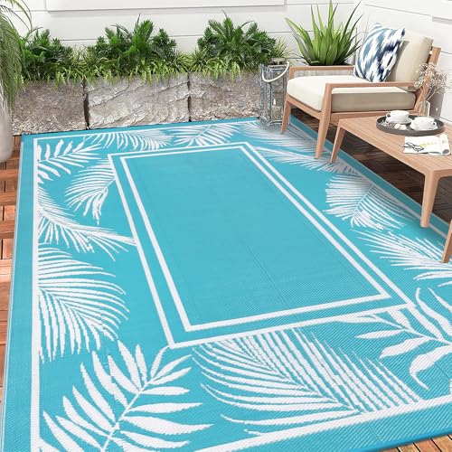 Enyhom Tapis d'extérieur imperméable et léger en Plastique résistant aux UV pour terrasse, Camping-Car, Pique-Nique, Jardin, Balcon, Bleu Sarcelle, 180 x...