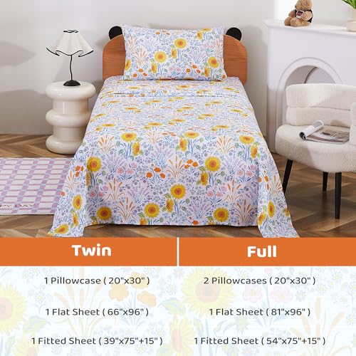 Image of Viviland 3 Pieces Girls Floral Spring Twin Sheet Set - Soft Microfiber Fitted Flat Sheets & Pillowcase Bed Sheet Set - Summer Sunflower Print Bedding Sets for Kids