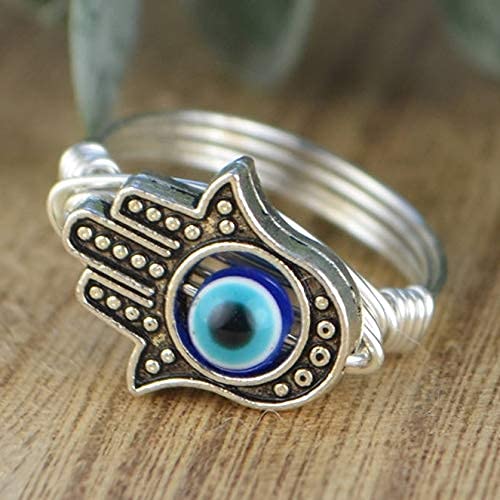 Miniatura 2 de Hamsa Hand with Evil Eye Ring- Silver Plated Bead, Evil Eye Resin Bead in Sterling Silver or 14kt Yellow or Rose Gold Filled Wire Wrapped Band-