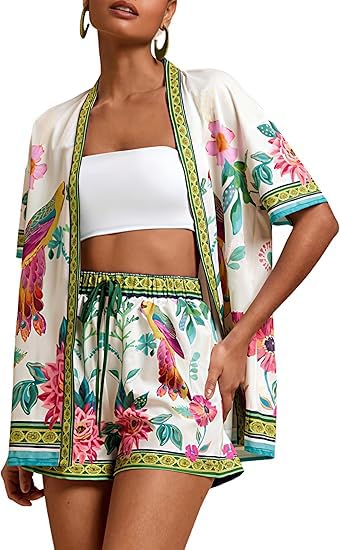 Women Boho Tropical Print Beach Cover Up 2 Piece Set Summer Short Sleeve and Shorts Lounge Outfit Lightweight