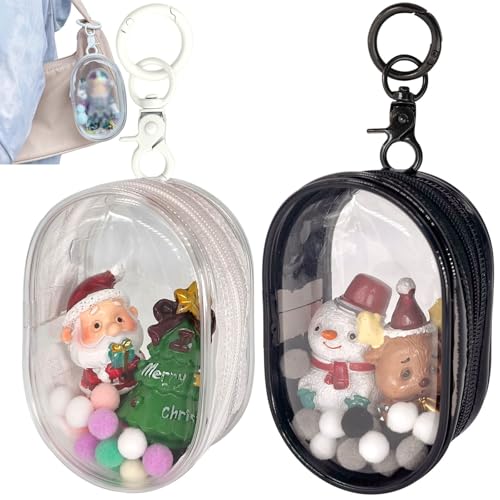 2pcs Clear Figure Display Bag with Keychain Pompom Ball Portable Mini Doll Pouch Carrying Case Blind Box Figures Display Case for Collectibles Zipper Closure (Oval)