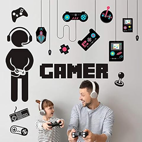 2 Sheets of Gamer Wall Stickers with Colorful Controller Wall Decals, Vinyl Gaming Joystick Cartoon Party Wallpaper, Removable Video Game Wall Mural for Boys Men Kids Playroom Bedroom Home Decor Cover
