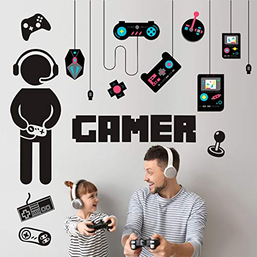 2 Sheets of Gamer Wall Stickers with Colorful Controller Wall Decals, Vinyl Gaming Joystick Cartoon Party Wallpaper, Removable Video Game Wall Mural for Boys Men Kids Playroom Bedroom Home Decor