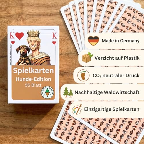 Karten Garten Spielkarten Hunde-Edition | 55 Karten inkl. 3 Joker | Made in Germany, CO₂-neutral gedruckt & plastikfrei produziert | Kartenspiel mit Hunderassen | Geschenk für Hundeliebhaber
