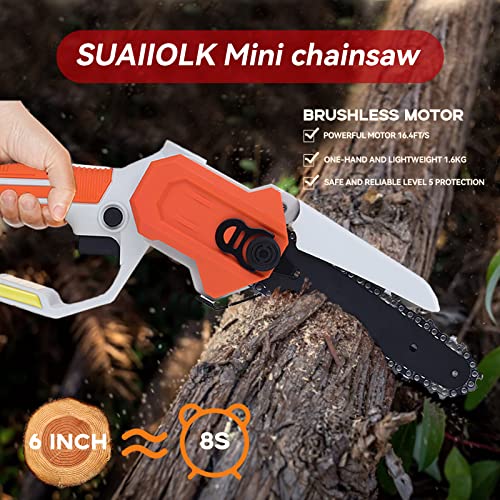 SUAIIOLK Mini Kettensäge mit Akku 6 Zoll Akku Kettensäge,36V 4000mAh Einhand Brushless Motorsäge mit Zwei Akku und Ladegerät für Holzschneiden Innenhof Garten trimmen – Bild 3