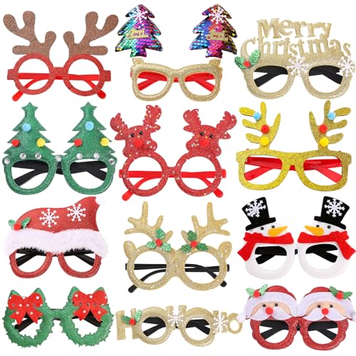 AOUVT Gafas de Navidad, 12 Pcs Vasos de Fiesta de Navidad, Accesorios para Fotos Navideñas, Decoraciones Navideñas Creativas, Apto para Niños, Adolescentes, Adultos y Ancianos