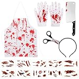 jollylife 13Pieces Halloween Bloody Butcher Costumes Scary Set - Cooking Chef Apron Hat Weapon Knife Tattoo Stickers Zombie Party Accessories Decorations