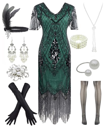 Image of Women 1920s Gatsby Vintage Sequin Flapper Fringe Party Plus Dress with 20s Accessories Set