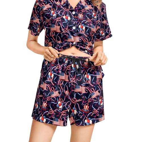 Image of Funny Pajamas for Women Set Print Satin Loungewear Pjs Short Sleeve Button Down Top and Shorts Sets Sleepwear XS-3XL