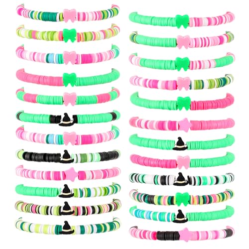 24 Pcs Witch Party Favors Witch Friendship Matching Bracelets Bulk Pink and Green Party Supplies Wizard Hat Princess Clay Beaded Bracelets Accessories for Movie Fans Birthday Woman Gifts