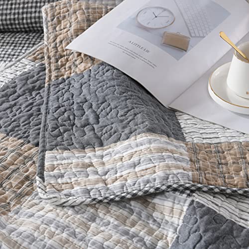 Kaloola Queen Size Quilt, 100% Cotton Quilts Queen Size Sets, Farmhouse Plaid Quilts Queen Size, Grey White Black Queen Quilt For All Seasons, 3 Pieces #TOP3
