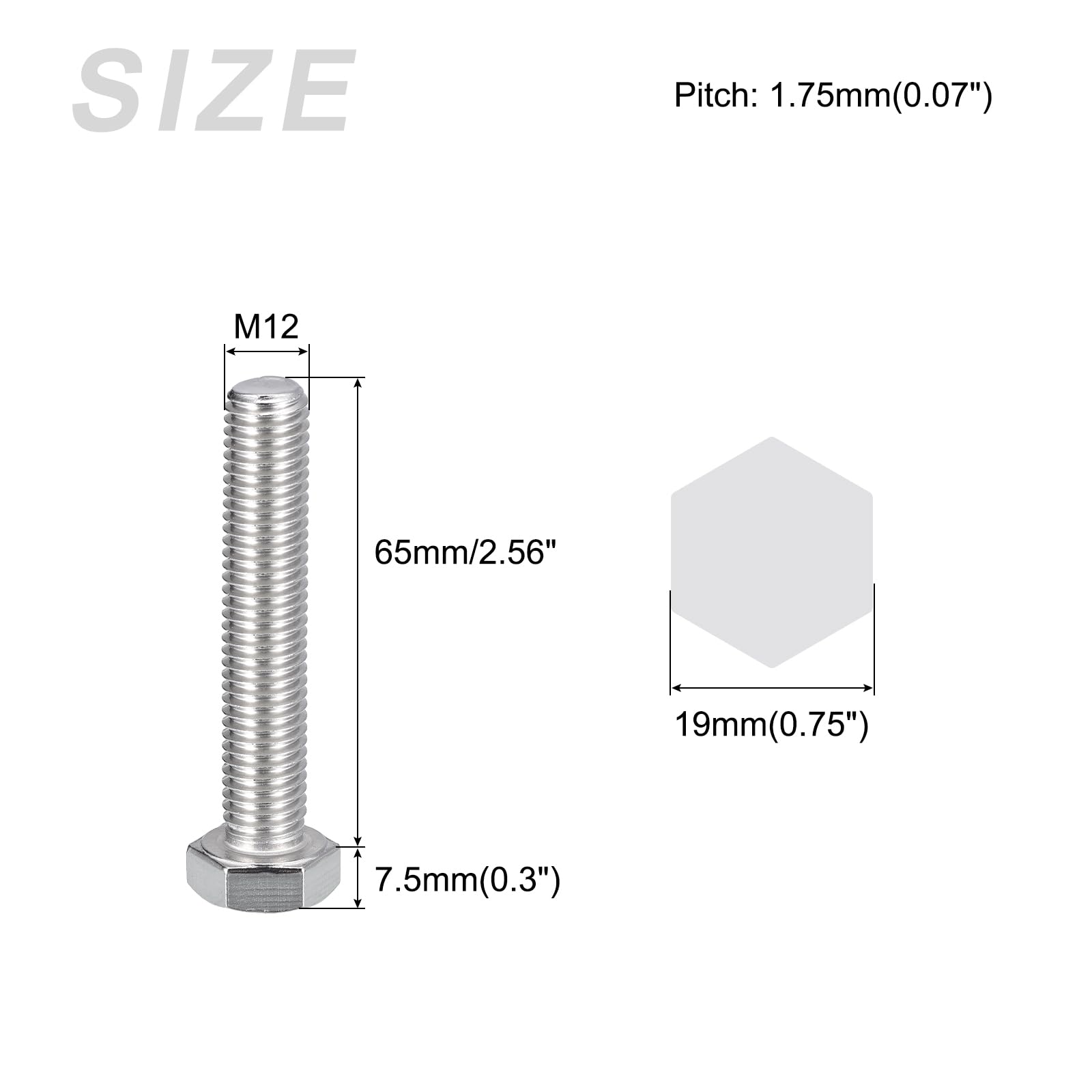 METALLIXITY Hex Bolts (M12-1.75x65mm) 4Pcs, 304 Stainless Steel Coarse Fully Threaded Hex Head Screw Bolt Machine Screws - Image 2
