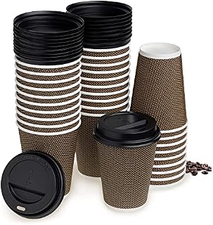 STACKABLES 60 Pack Triple Wall 12oz Disposable Paper Cups with Lids Coffee Cups with Lids Dark Brown Cup for Hot Coffee, Tea & Cold Drinks (12oz, Pack of 60)