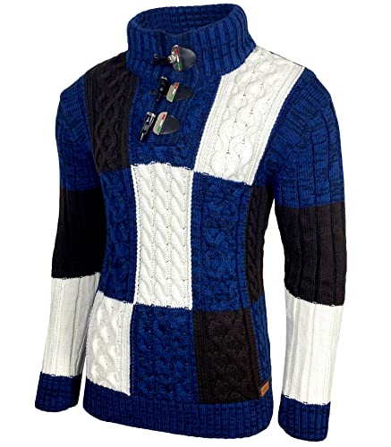 Baxboy Herren Grobstrick Pullover Strickpullover Stehkragen Winter-Freizeit-Jacke Muster Design Meliert Sweatshirt Pulli B-51112 Farbe:Blau Größe:XXL