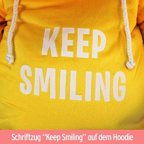 BEMIRO Faultier Kuscheltier XXL gelb Keep Smiling - 100 cm, Faultier Kuscheltier mit Pulli, Kletthände zum anhängen, Plüschtier mit Hoodie