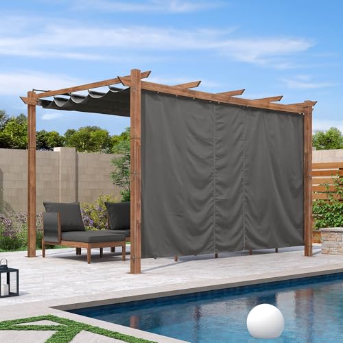 PURPLE LEAF 10' x 13' Pergola with Curtains Outdoor Retractable Pergola Patio Metal Shelter for Garden Porch Pavilion Natural Wood Grain Frame Gazebo Modern Yard Grill Pergolas with Shade Canopy Gray