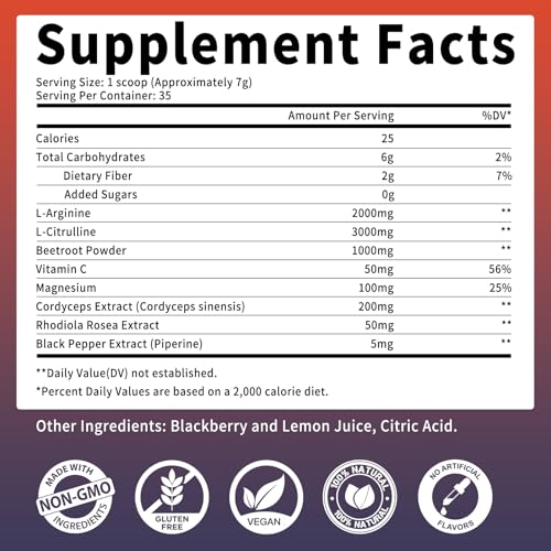 Image of Nitric Oxide Supplement - Beet Root Powder with L-Citrulline & L-Arginine, Nitric Oxide Supplements for Men Women with Beetroot, Supports Energy, Heart Health, BlackBerry Lemon Flavor, 35-Day Supply