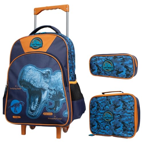 Kit Mochila Rodinha, Lancheira Térmica e Estojo Lost World Yins YS42188 - Kit Completo Escolar, Volta às Aulas. (Azul)