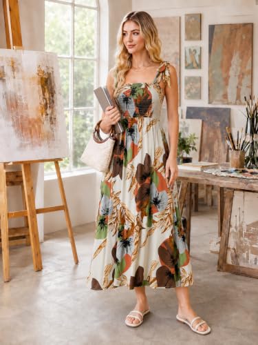 Image of BROVAVE Women Summer Floral Dress: Casual Square Neck Flowy Boho Beach Midi Sundress Sleeveless Tie Shoulder Vacation Daily