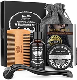 Beard Growth Kit, Derma Roller Kit, Natural Beard Growth Oil for Patchy Beard, Beard & Mustache Facial Hair Growth, Conditioner Balm, Handmade Comb, Storage Bag, Gifts for Men Him Dad Father Boyfriend