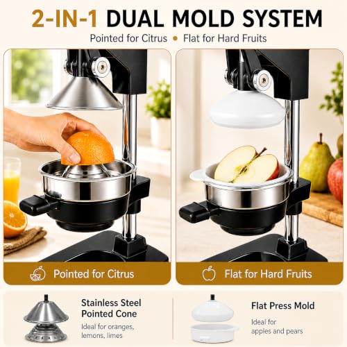 Image of Manual Juicer Hand Press, 304 Stainless Steel Citrus Juicer for Orange Lemon Pomegranate, 19 inch Extra Tall Heavy Duty Juice Press with Dual Molds for Apple & Pear, Stable Suction Base