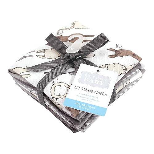 Image of Hudson Baby Unisex Baby Flannel Cotton Poly Washcloths, Farm Friends Grey 12-Pack, One Size