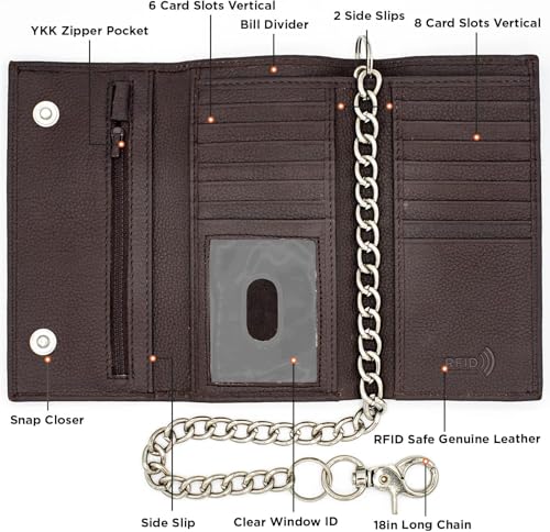 Long Trifold Leather Wallet for Men, Checkbook Cover, RFID Blocking chain wallet Card Slots, Zipper Coin Pocket - Biker Stainless Chain Design in the U.S.A (J212C-WC, Brown)2