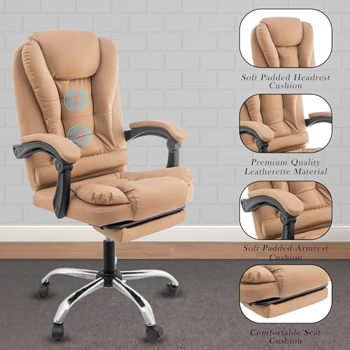 Image of Italia Leatherette Office Chair for Work | Boss Chair, Luxurious Cushioned Arms & Seat, 2 Point Back Massager, Adjustable Leg Rest, Heavy Duty Metal Base (Beige)
