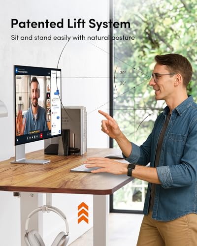 Image of FEZIBO Electric Standing Desk, 55 x 28 Inches Height Adjustable, Sit and Stand Up, Home Office Computer Desk (Light Rustic)