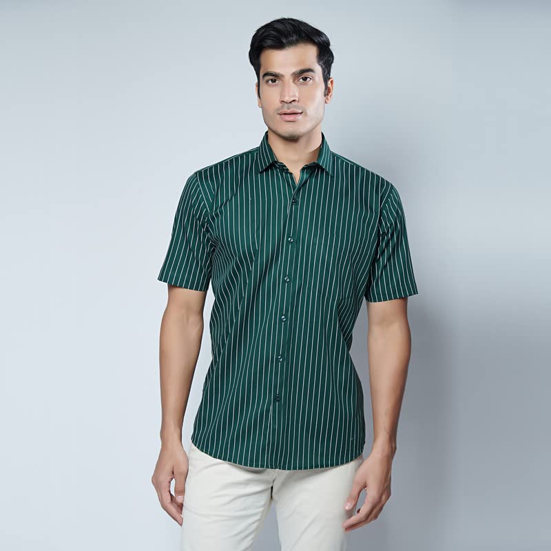 Image of MARK & ALBERT Men's Striped Half Sleeves Regular Fit Shirt | Stretchable Fabric