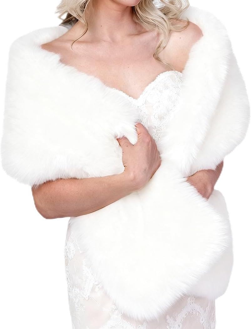 Wedding Fur Shawls and Wraps Women's Fur Scarf Faux Bridal Fur Stole with Brooch for Brides and Bridesmaids